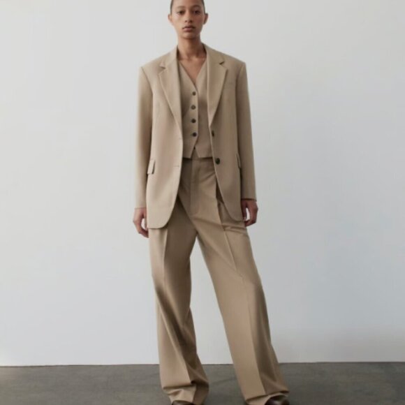 Zara Beige Pleated High Rise Wide Leg Palazzo Pants Trousers Size S - Picture 1 of 4